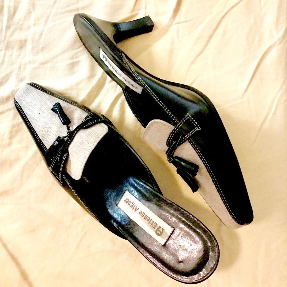 Etienne Aigner Black and Linen Leather Mules